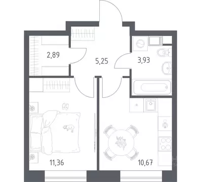 Квартира, 1 комната, 34.1 м