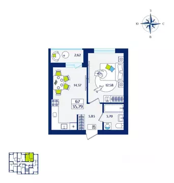 1-к кв. Калининградская область, Зеленоградск  (35.79 м)