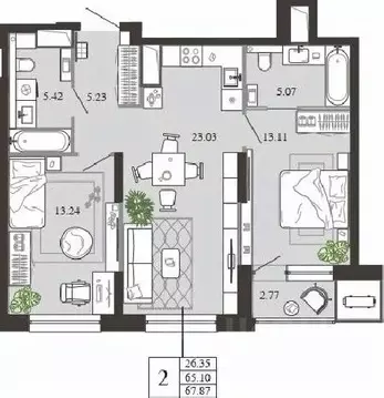 2-к кв. Тульская область, Тула ул. Фридриха Энгельса, 74 (67.87 м)