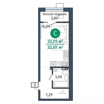 Квартира-студия: Дударева, улица Сергея Джанбровского, 27 (32.01 м)