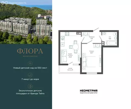 1-комнатная квартира: Сочи, улица Искры, 66/9к6 (38.1 м)