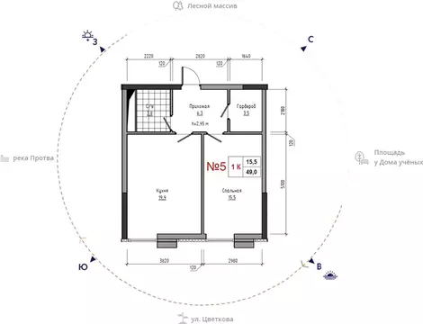 1-к кв. Калужская область, Обнинск ул. Усачева (49.0 м)