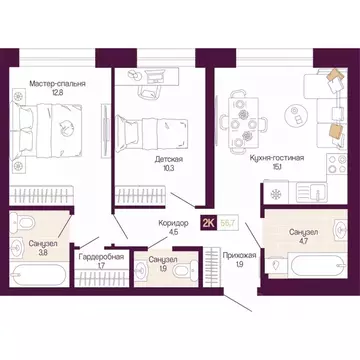 2-к кв. Нижегородская область, Нижний Новгород ул. Тургенева (56.7 м)