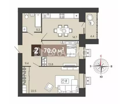 2-комнатная квартира: Пенза, улица Щербакова, 71 (65.6 м)