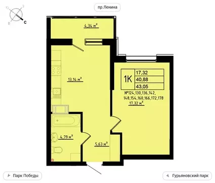 1-комнатная квартира: Обнинск, улица Мира, 2 (43.05 м)