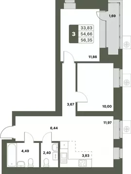 3-к кв. Башкортостан, Уфимский район, с. Миловка  (56.35 м)