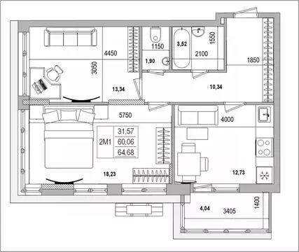 2-к кв. Белгородская область, Белгород Славянская ул. (64.68 м)