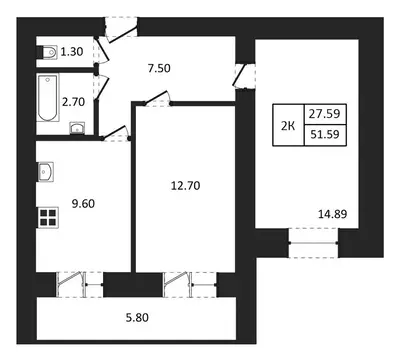 2-комнатная квартира: Новосибирск, улица Юности, 9 (51.59 м)