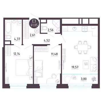 2-комнатная квартира: Тула, Пряничная улица, 8 (61.05 м)