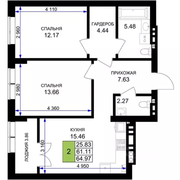 2-к кв. Калининградская область, Гурьевск Включи жилой комплекс (64.97 ...