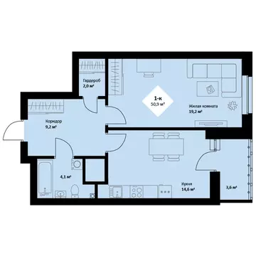 1-комнатная квартира: Екатеринбург, проспект Космонавтов, 108/3 (50.7 ...