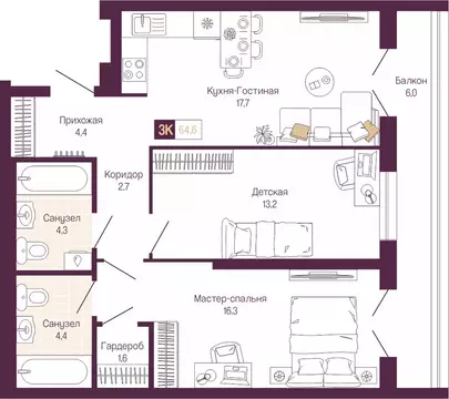 2-комнатная квартира: Нижний Новгород, Нижегородский район (64.6 м)