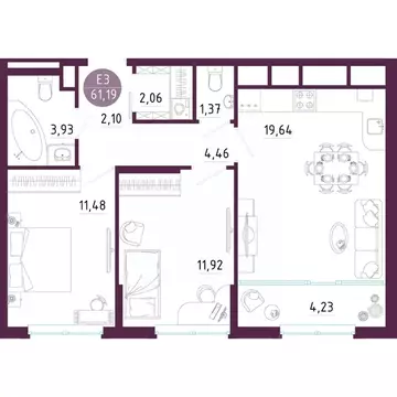 2-к кв. Тульская область, Тула ул. Купцов Гречихиных (61.19 м)