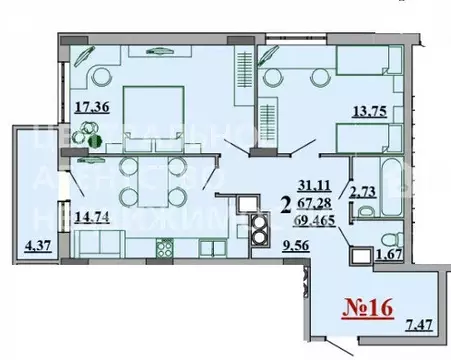 2-комнатная квартира: Рязань, микрорайон Октябрьский городок, 51 (66.7 ...