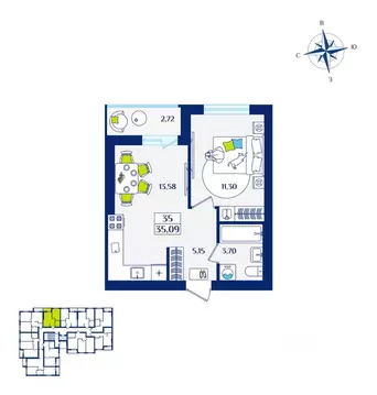 1-к кв. Калининградская область, Зеленоградск  (35.09 м)