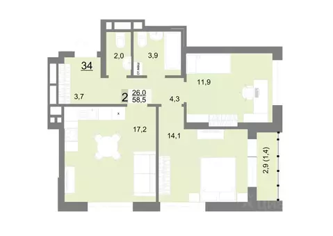 2-к кв. Свердловская область, Екатеринбург ул. Шаумяна, 77 (58.5 м)