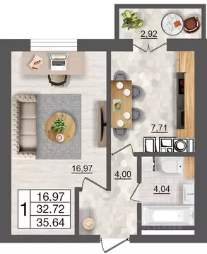 1-к кв. Смоленская область, Смоленск Максимум жилой комплекс (35.64 м)