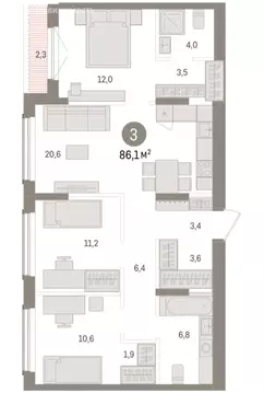 3-комнатная квартира: Новосибирск, улица Аэропорт, 90 (86.07 м)
