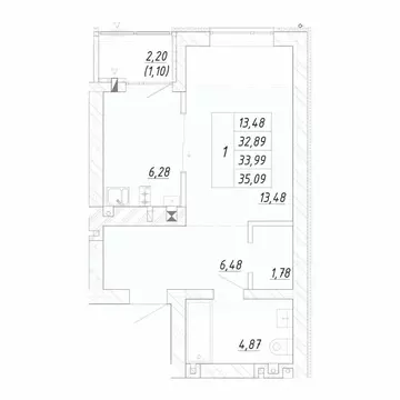 1-к кв. Калининградская область, Зеленоградск  (35.09 м)