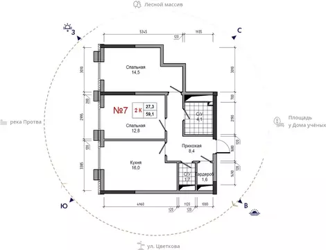 2-к кв. Калужская область, Обнинск ул. Усачева (59.1 м)