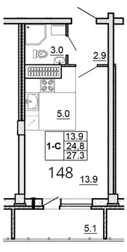 Студия Псковская область, Псков ул. Алексея Алехина, 14 (27.3 м)