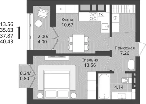 1-к кв. Калининградская область, Калининград Осенняя ул., 34 (37.87 м)