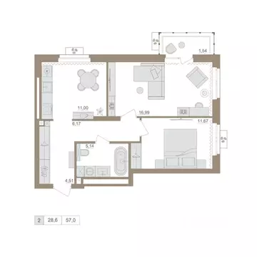 2-к кв. Башкортостан, Уфа бул. Яркий (56.29 м)