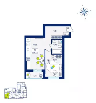 1-к кв. Калининградская область, Зеленоградск  (42.27 м)