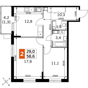 2-комнатная квартира: Обнинск, Западный район, жилой район Заовражье, ...