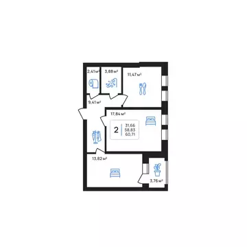 2-к кв. Липецкая область, Липецк Авторский жилрайон,  (60.71 м)