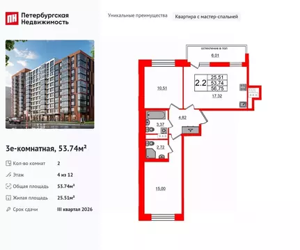 2-к кв. Санкт-Петербург Кубинская ул., 80к1 (53.74 м)