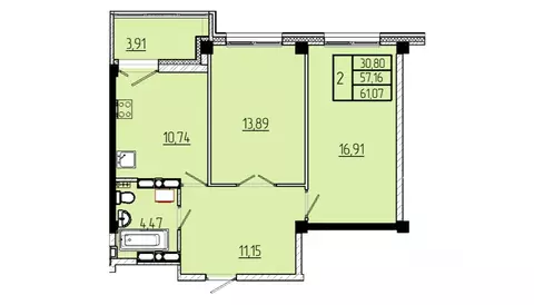 2-к кв. Омская область, Омск Волгоградская ул., с3 (61.07 м)