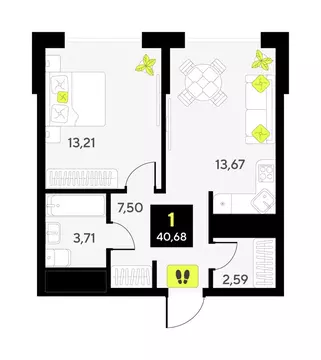 1-комнатная квартира: Тюмень, улица Первооткрывателей, 9 (40.68 м)