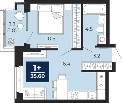 1-комнатная квартира: Тюмень, проезд Капитана Куликова, 5 (37.9 м)