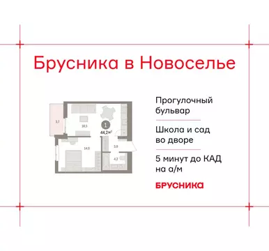 1-комнатная квартира: городской посёлок Новоселье, ЖК Брусника (44.19 ...
