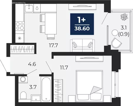 1-комнатная квартира: Тюмень, проезд Капитана Куликова, 7 (40.8 м)