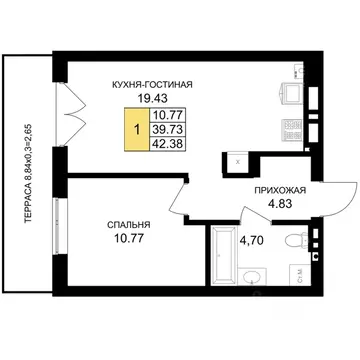 1-к кв. Калининградская область, Гурьевск Включи жилой комплекс (42.38 ...