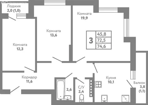 3-комнатная квартира: Евпатория, квартал Курортный (74.78 м)