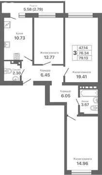 3-комнатная квартира: Евпатория, проспект Ленина, 25Вк1 (79.13 м)