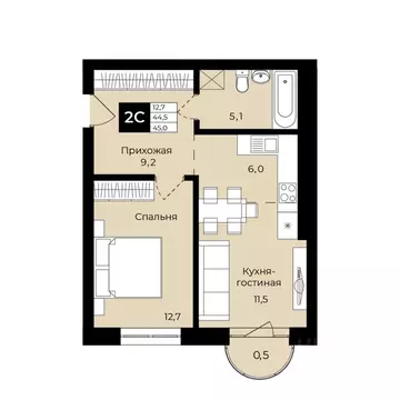 1-к кв. Башкортостан, Уфа ул. Ленина, 192 (45.0 м)