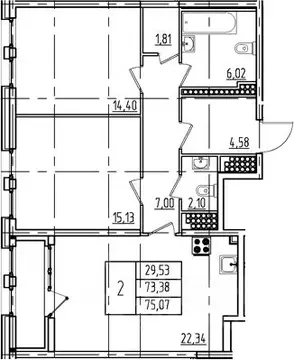 2-к кв. Санкт-Петербург ул. Типанова, 22 (75.07 м)