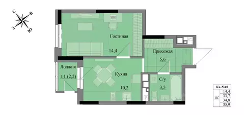 1-к кв. Удмуртия, Ижевск Краски Леса жилой комплекс (34.8 м)