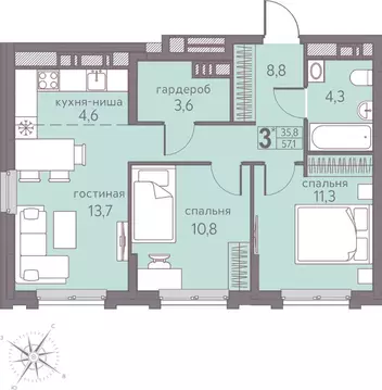 Студия Пермский край, Пермь ул. Серебристая, 5 (57.1 м)