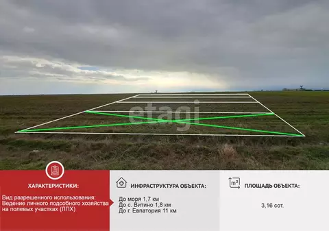 Участок в Крым, Сакский район, Молочненское с/пос, с. Витино  (3.16 ...
