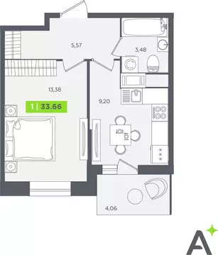 1-комнатная квартира: Кудрово, Солнечная улица, 10к1 (33.2 м)