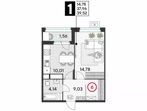 1-комнатная квартира: Реутов, 3-й микрорайон, ЖК Эво, к5 (39.52 м)