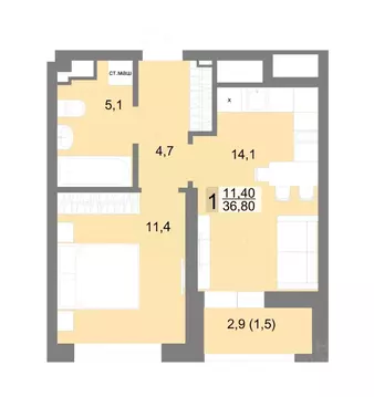 1-к кв. Свердловская область, Екатеринбург ул. Семена Лагоды, 80 (36.8 ...