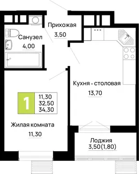 1-к кв. Адыгея, Тахтамукайский район, Яблоновский пгт  (34.3 м)