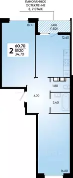 2-к кв. Краснодарский край, Краснодар ул. Доблести, 8 (60.7 м)