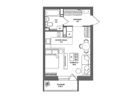 Студия Пермский край, д. Кондратово  (32.6 м)